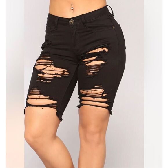 Fashion Nova Distressed Mid Rise Like We Used To  Bermuda Shorts Black - Picture 1 of 5